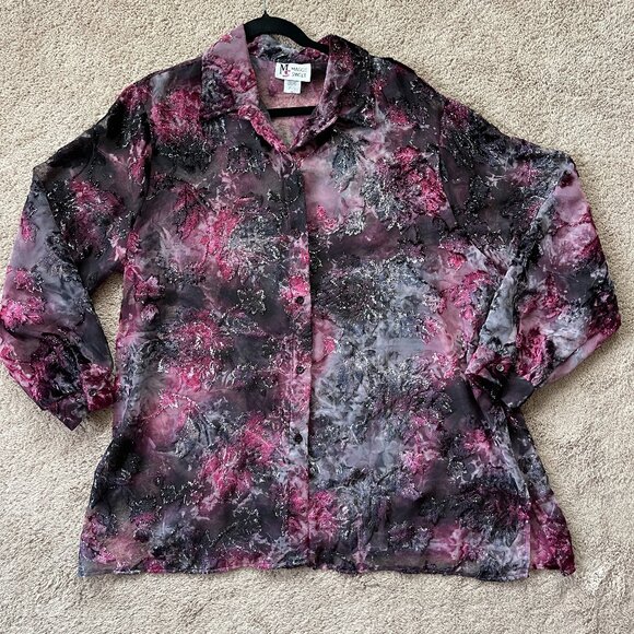 Vintage Maggie Sweet Whimsigoth Velvet Burnout Sheer ButtonUp Fairy Shiny Top 2X - Picture 1 of 13